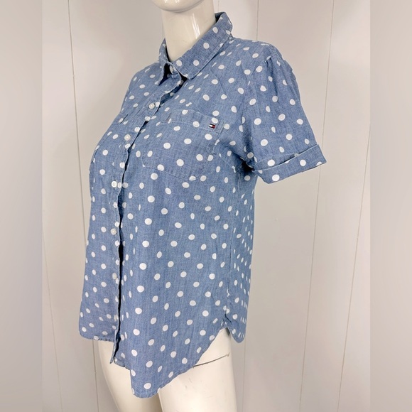 Tommy Hilfiger Sz M Blue & White Polka Dots Casual Button Up Shirt Short Sleeve - Picture 8 of 10
